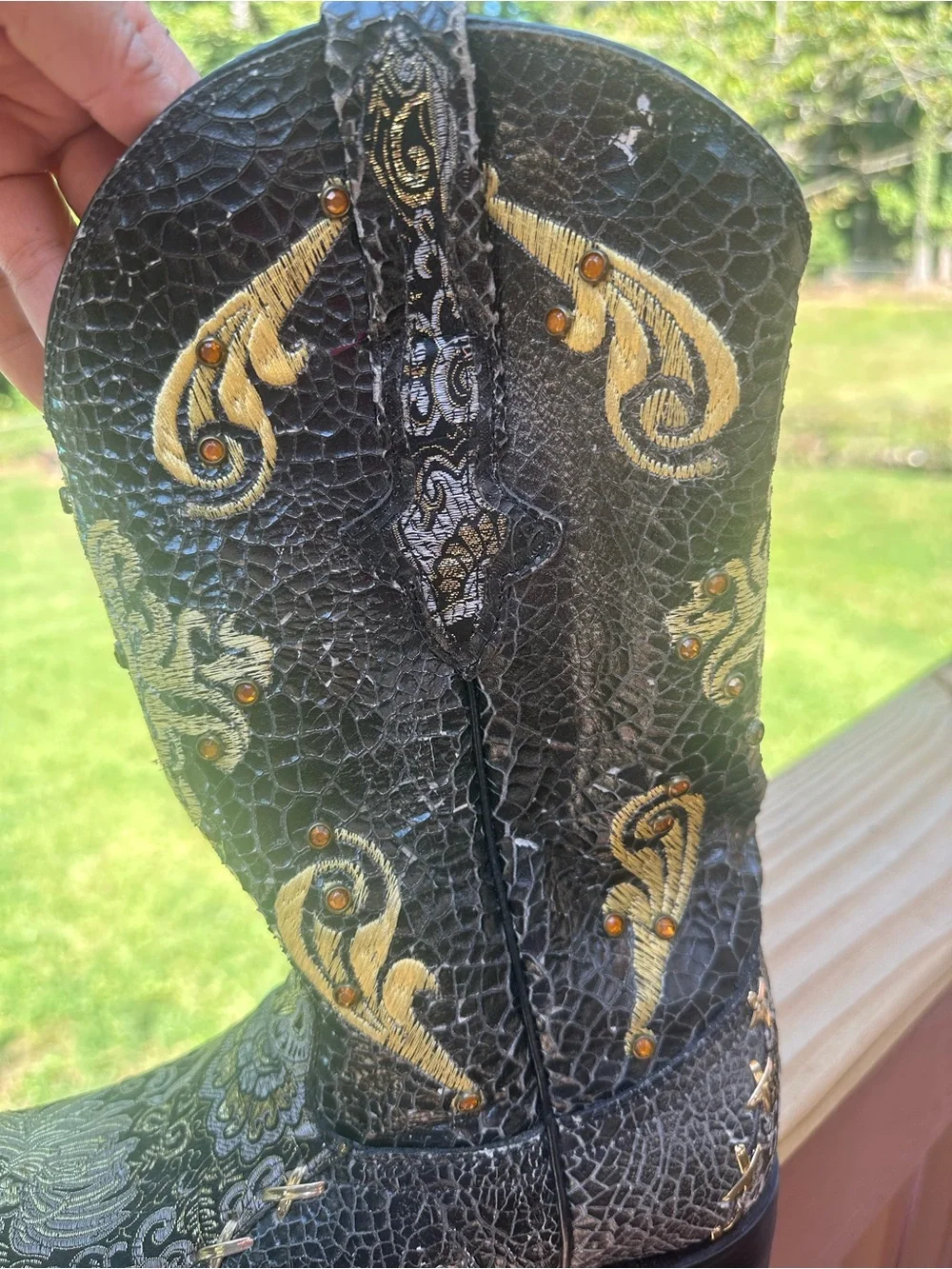 Black Embossed Leather Western Cowboy Boots with Gold Stitching